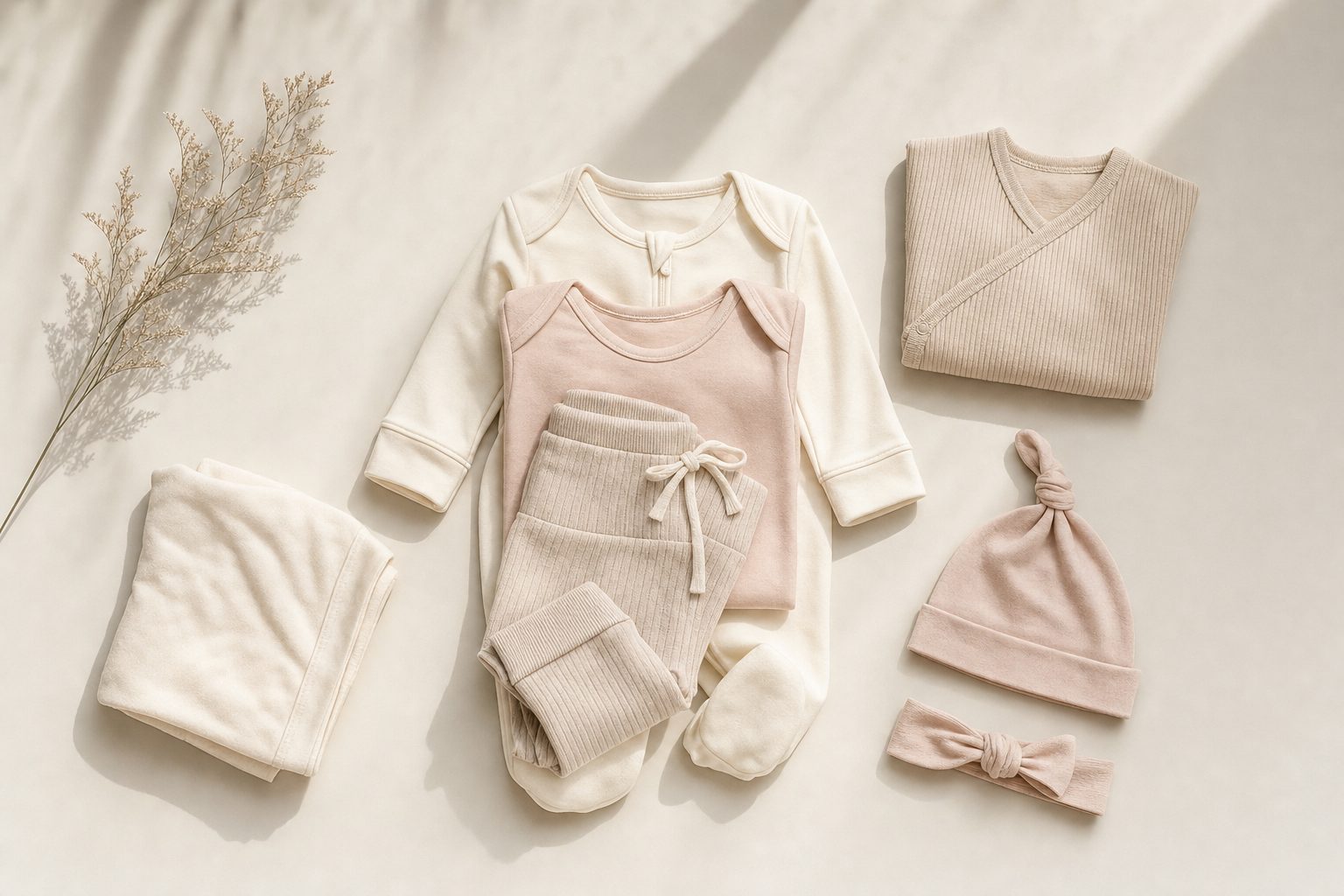 Flat lay of folded bamboo baby clothing in ivory, oat and blush tones